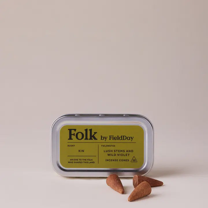 Folk by Field Day incense cones in a tin with a beige background