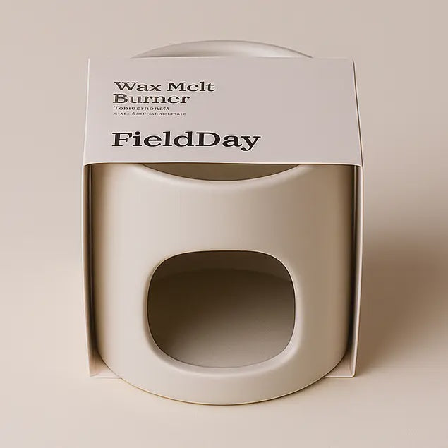 Wax melt burner packaging with 'FieldDay' branding on a beige background