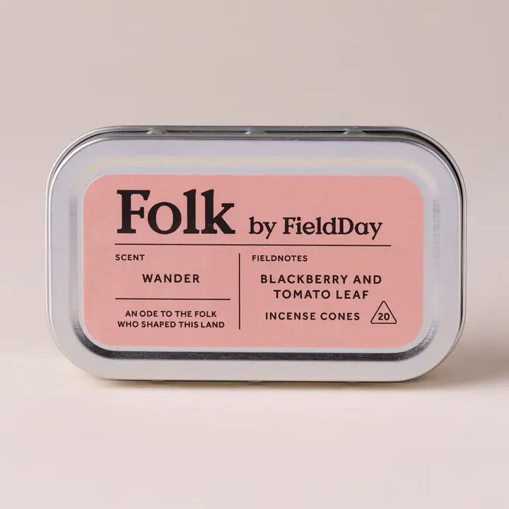 Folk by FieldDay incense cones packaging on a light pink background