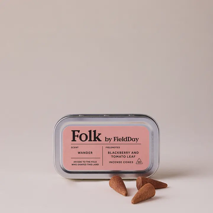 Folk by FieldDay incense cones packaging with pink label on a beige background