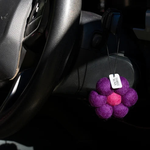 Purple and pink car air freshener hanging from a car&