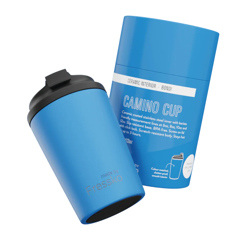 Blue ceramic travel mug with black lid and &
