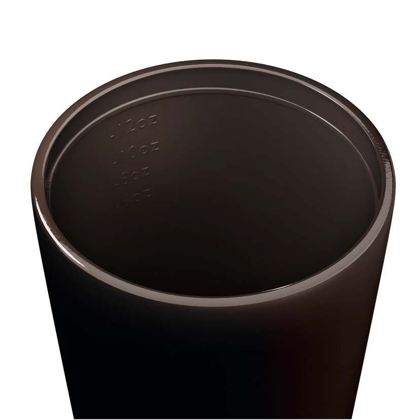 Inside of a brown travel cup on a white background
