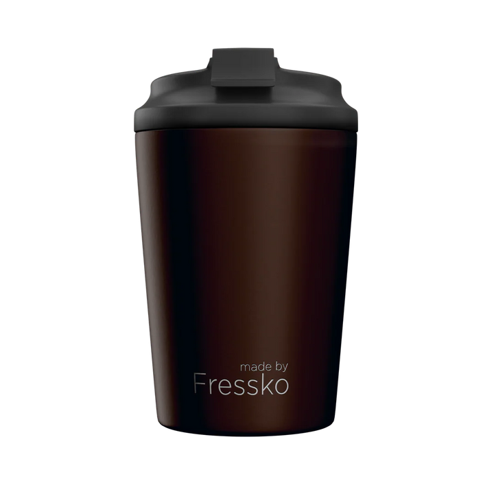 Brown tumbler with lid on a white background, branded &