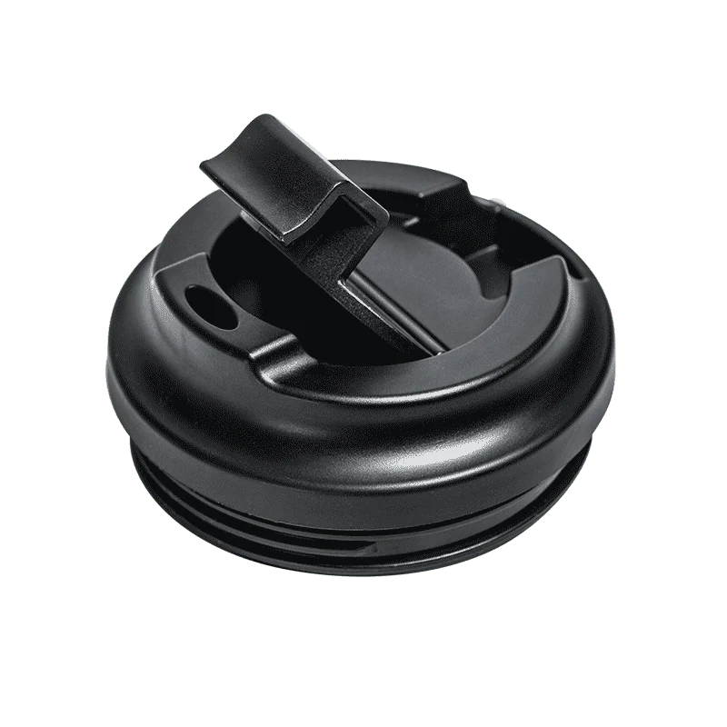 Black plastic lid with a clip on a white background