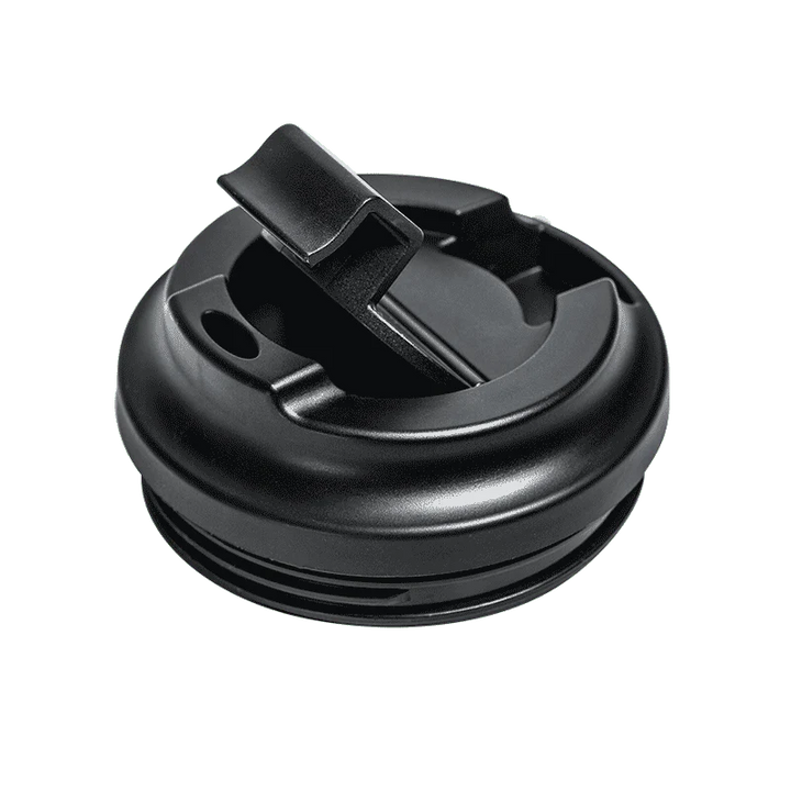 Black plastic lid with a clip on a white background