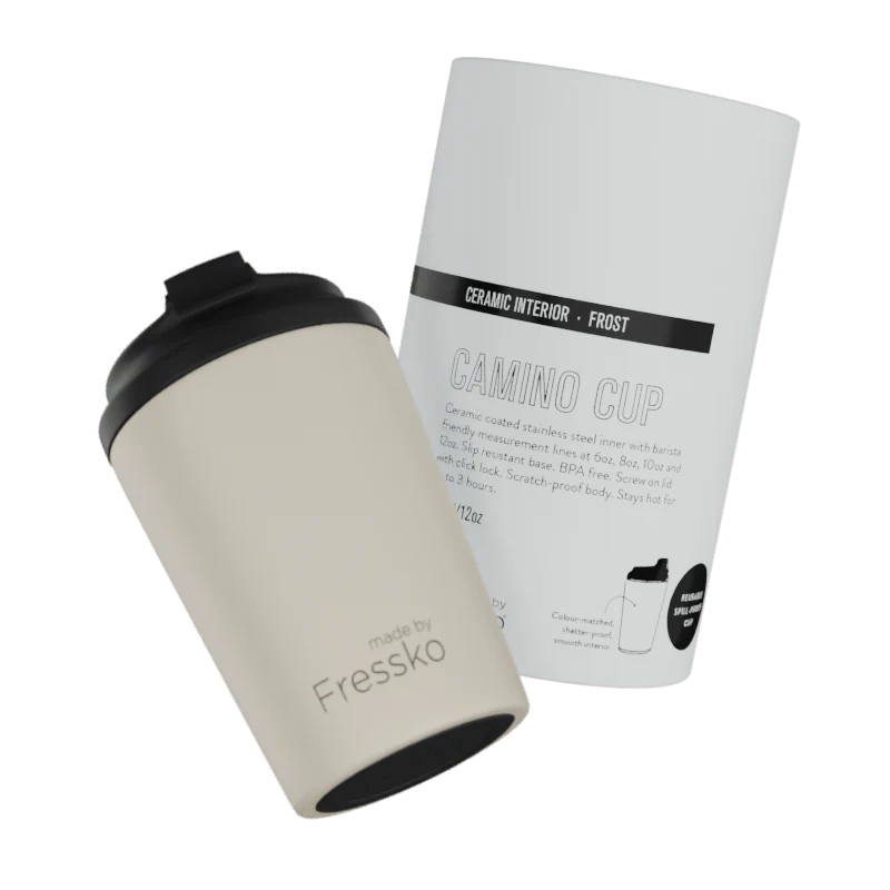 Beige travel mug with black lid and &