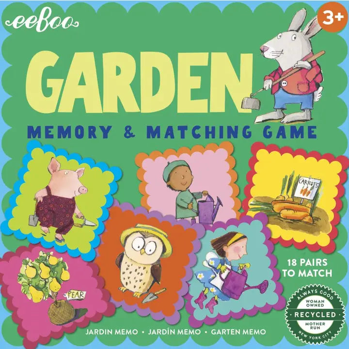 Garden memory and matching game packaging with cartoon characters and gardening elements.