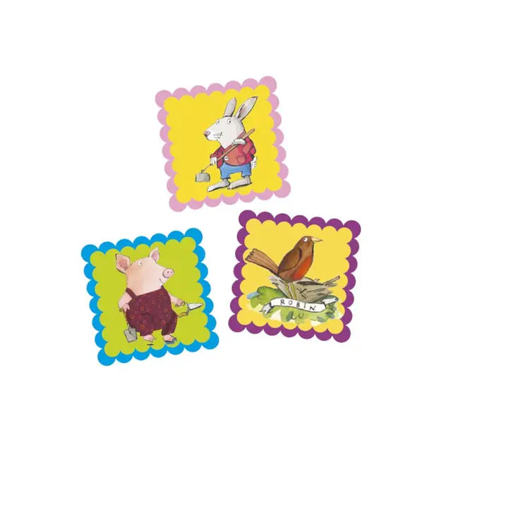 Three colorful cards with cartoon animals on a white background