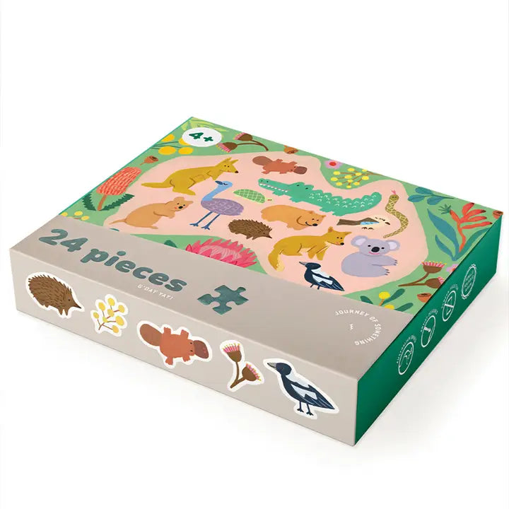 A 24-piece jigsaw puzzle box featuring a colorful cartoon illustration of Australian animals, including kangaroos, a koala, a crocodile, a platypus, and a bird, on a white background.