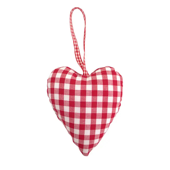 A heart-shaped fabric ornament with a red and white gingham check pattern and a matching hanging loop at the top, shown against a plain white background.