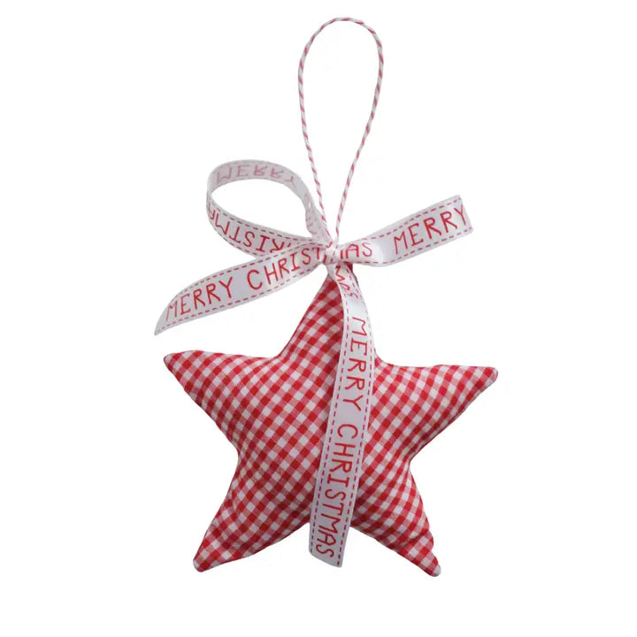 A red and white gingham star-shaped Christmas ornament with a white ribbon loop and bow printed with &