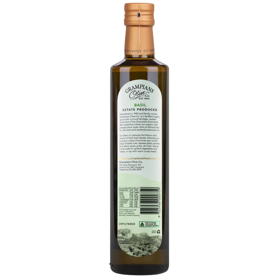 Bottle of Grampians Olive co Basil oil with a white background
