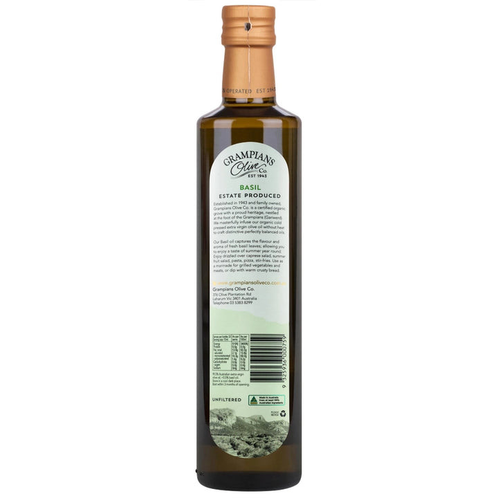 Bottle of Grampians Olive co Basil oil with a white background