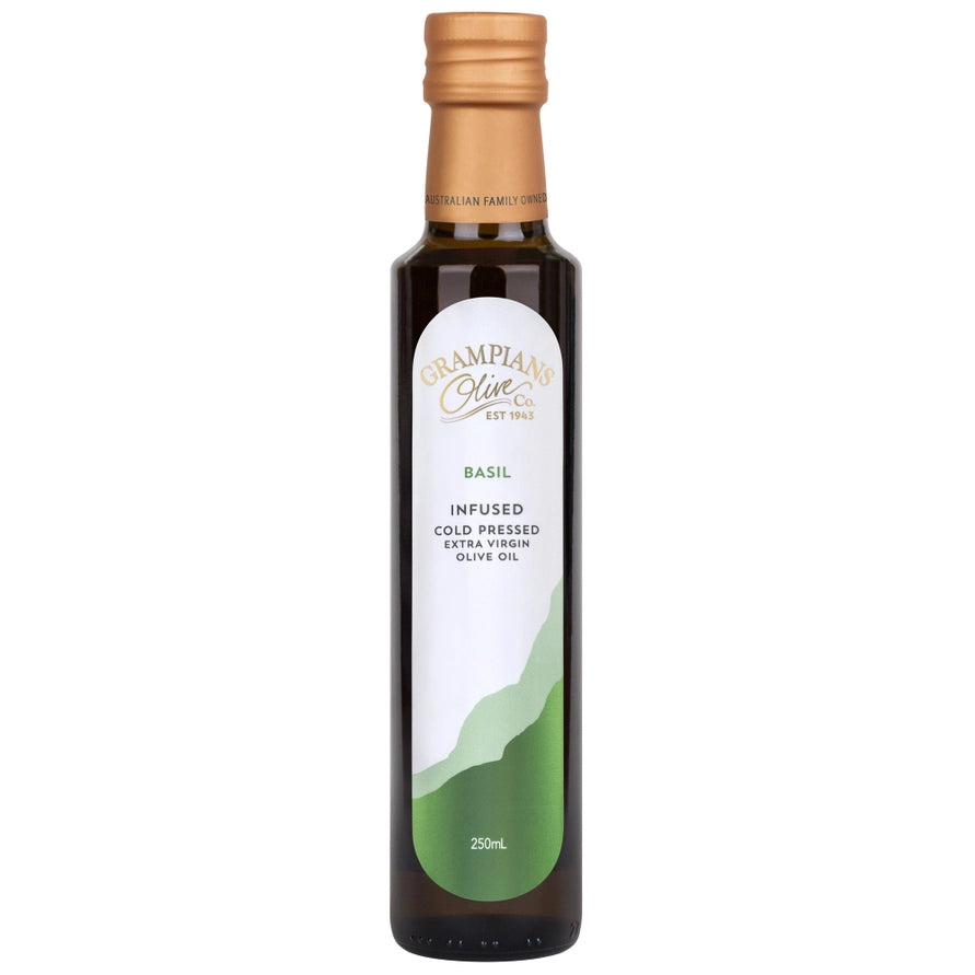 Bottle of Basil Infused Extra Virgin Olive Oil with a white label on a white background