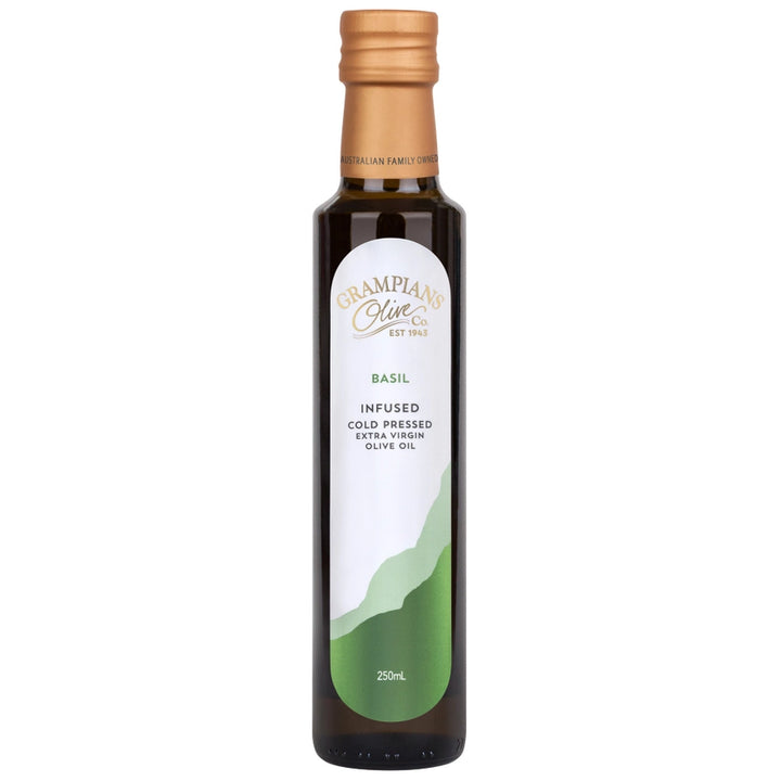 Bottle of Basil Infused Extra Virgin Olive Oil with a white label on a white background
