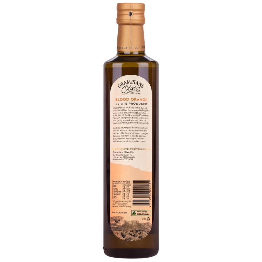 Bottle of blood orange olive oil with a label on a white background