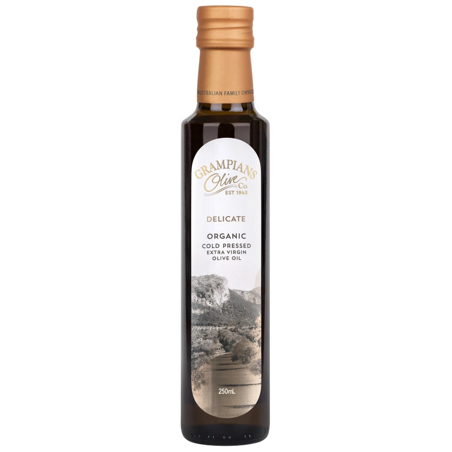 Bottle of Grampians Olive Delicate Organic Cold Pressed Extra Virgin Olive Oil on a white background