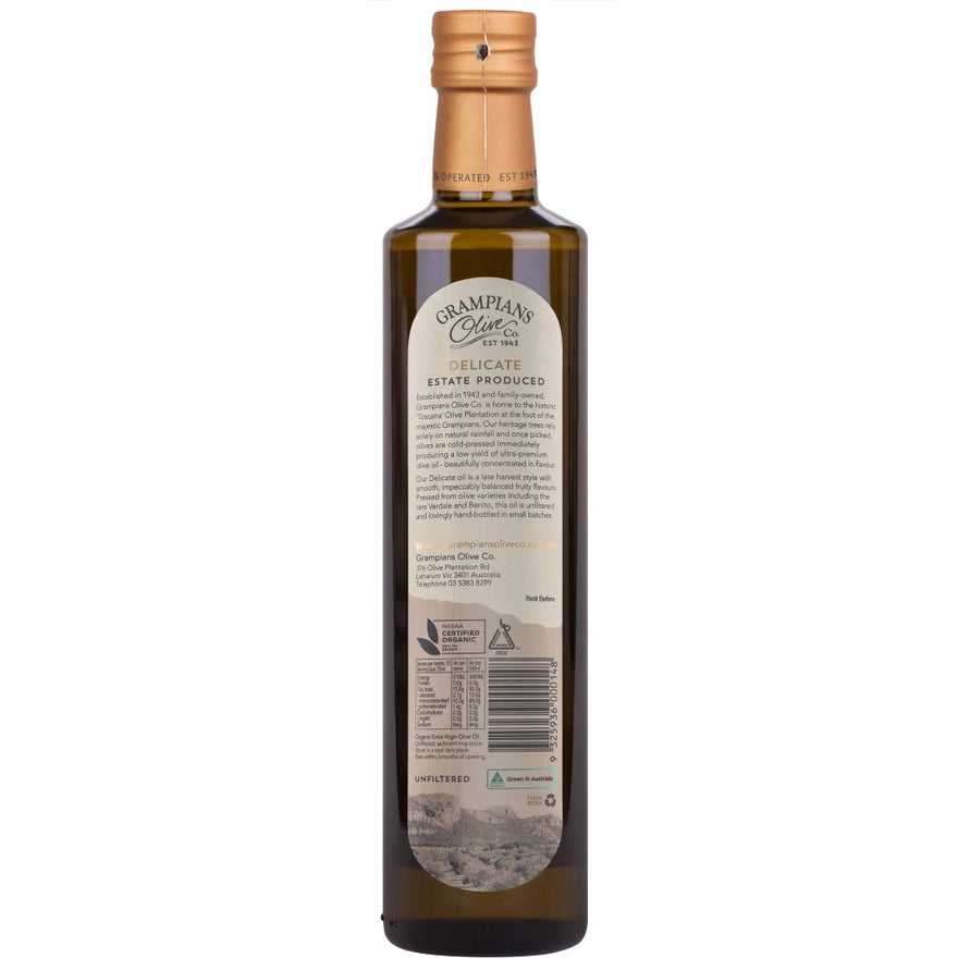 Bottle of Grampians Olive Oil with a visible label on a white background