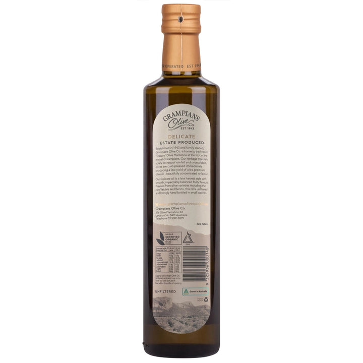 Bottle of Grampians Olive Oil with a visible label on a white background