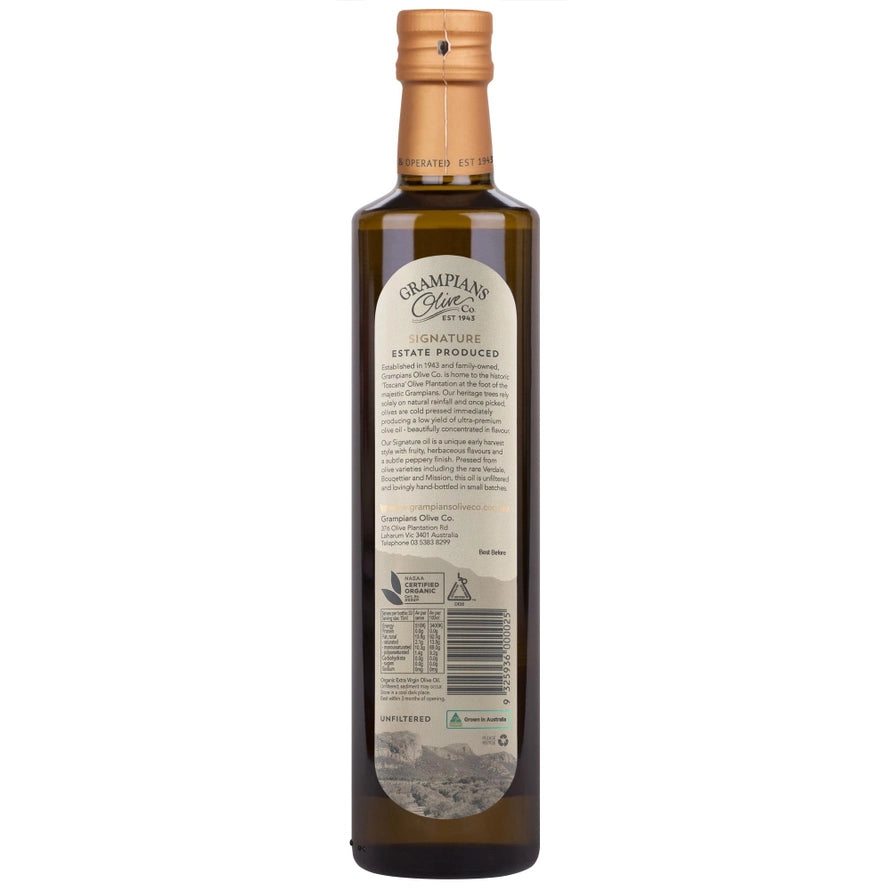 Bottle of Grampians Signature olive oil with a visible label on a white background