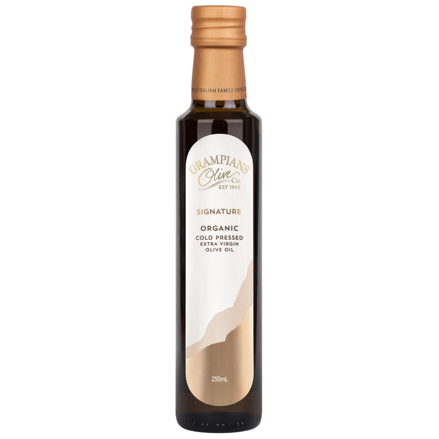 A botle of Grampians Signature olive oil on a white background