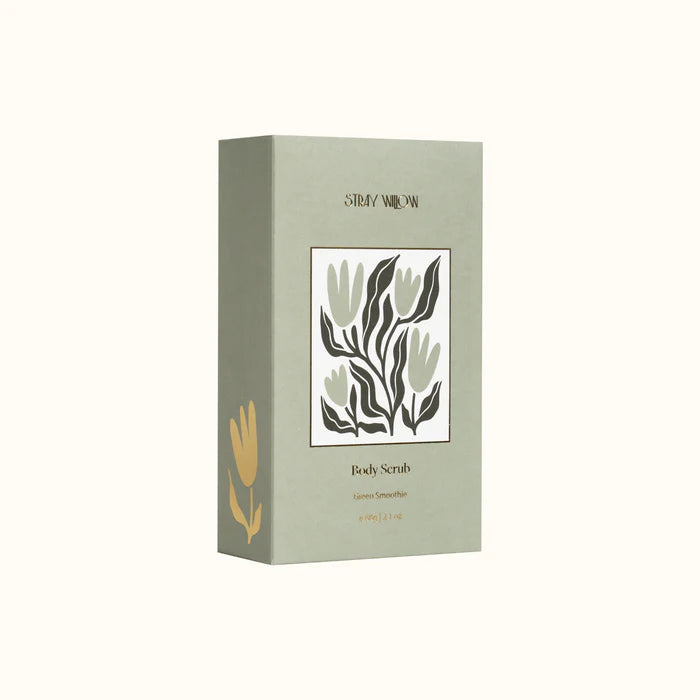 A green box of Stray Willow body scrub on a white background