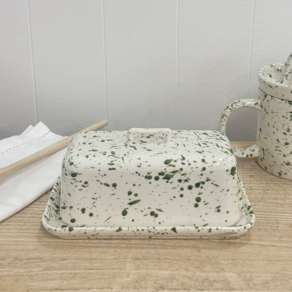 Green Splatter Ceramic Butter Dish