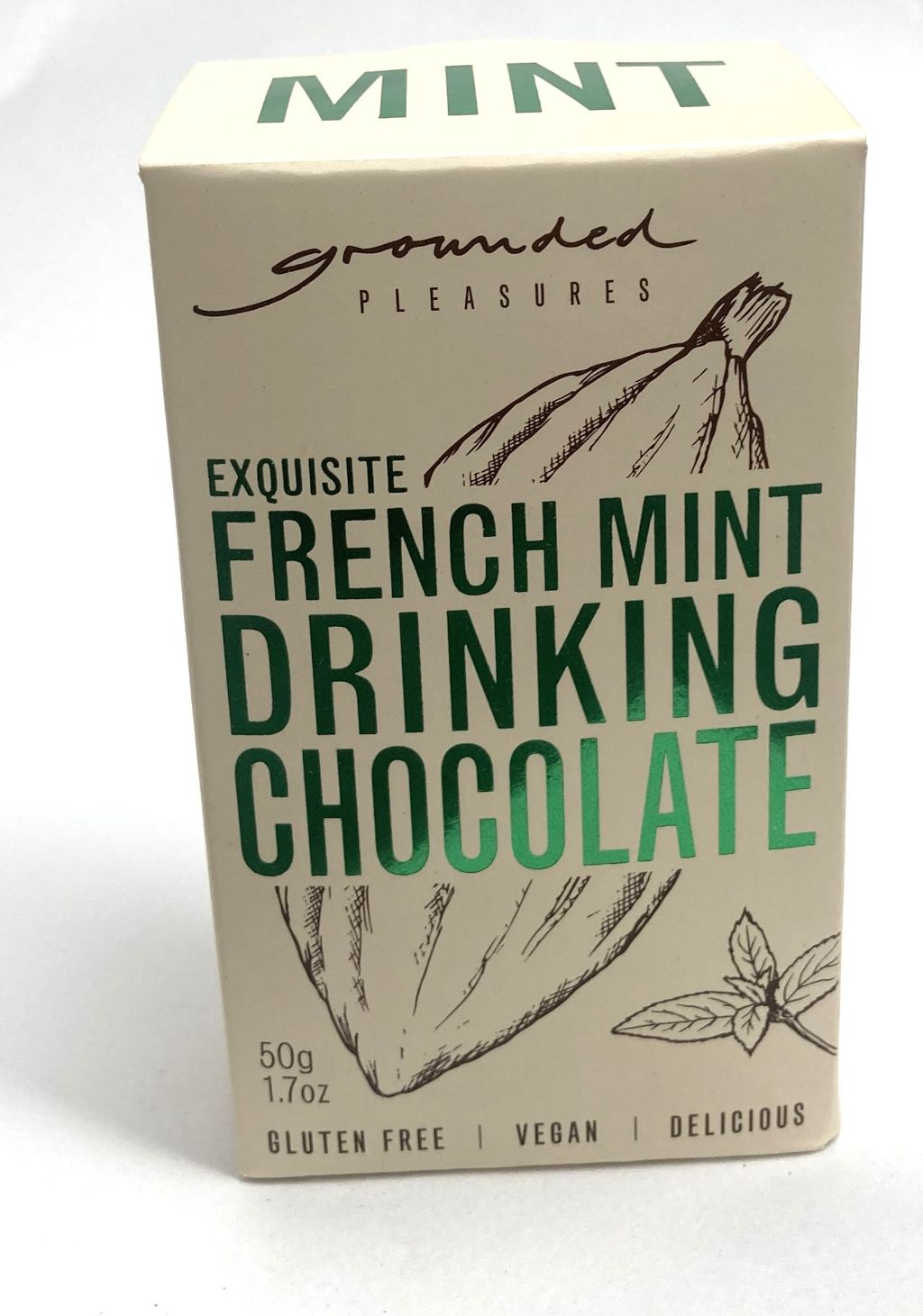 A box of grounded pleasures mint drinking chocolate on a white background