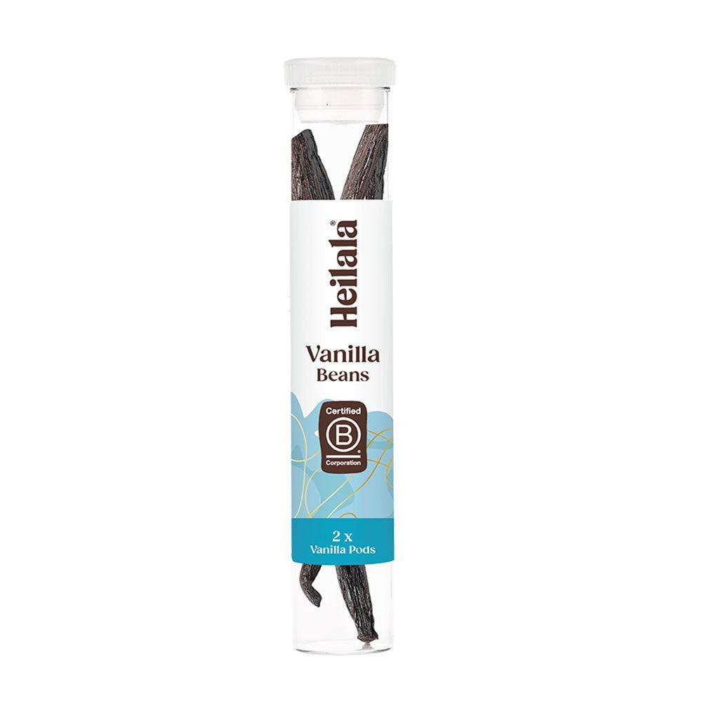 Heilala vanilla beans packaging on a white background