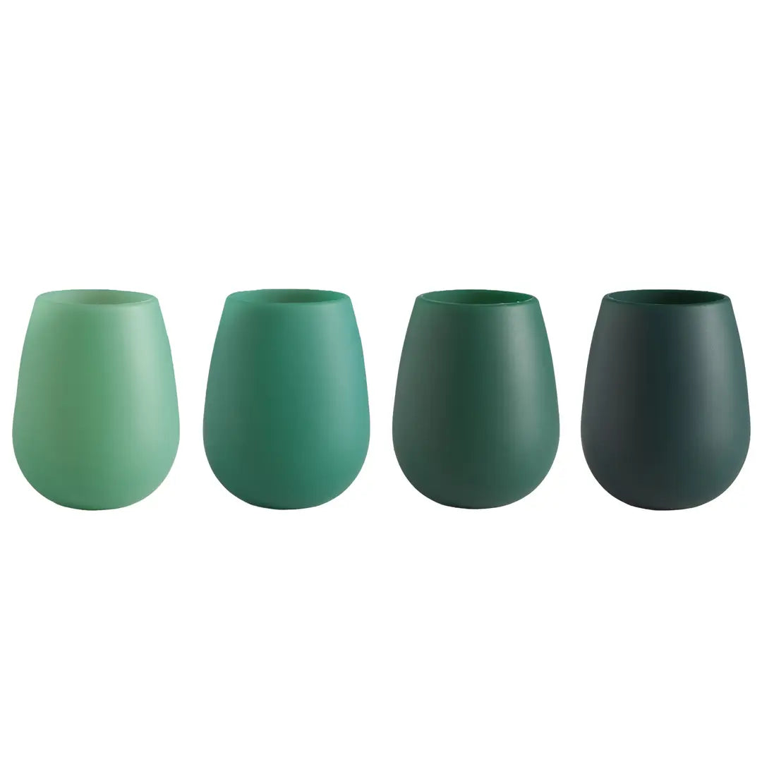 Four matte green stemless wine glasses arranged in a row on a plain white background, transitioning from light mint green to dark forest green.