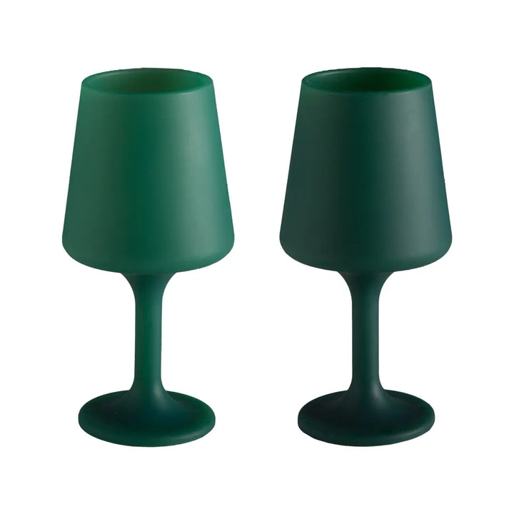 Two dark green silicone wine glasses with a matte finish, shown side-by-side on a plain white background.