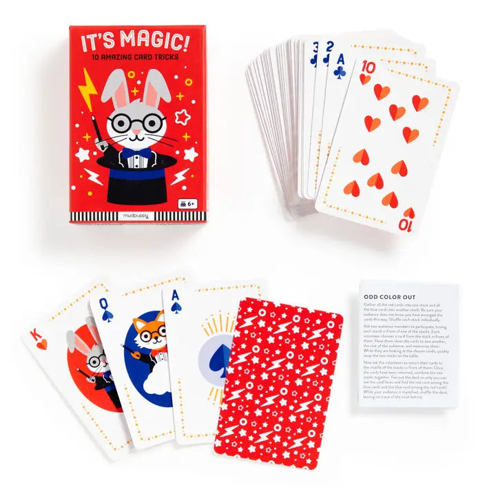 Playing cards with cartoon rabbit characters and a red card game box on a white background
