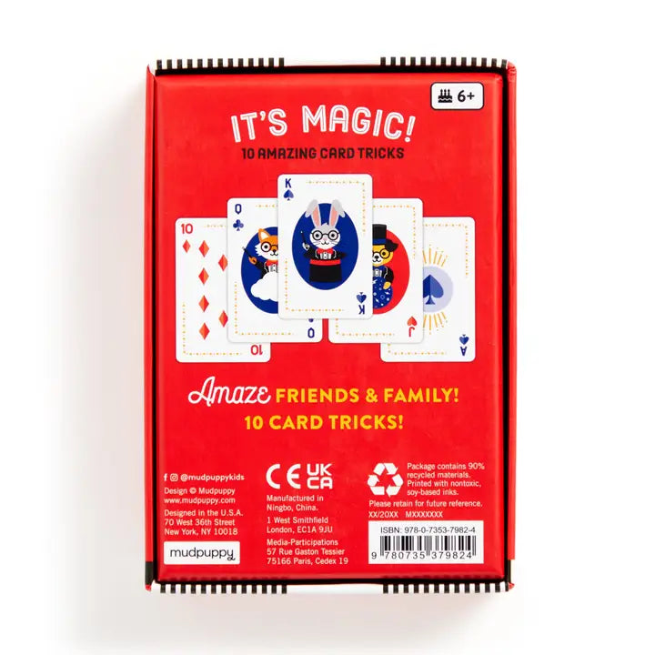Red card game packaging with playing cards and text on a white background
