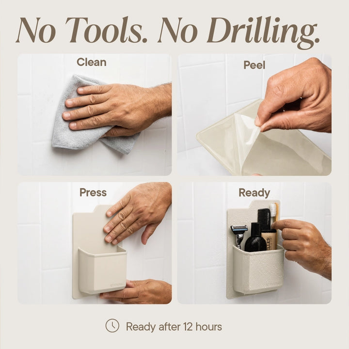 A four-panel product demonstration showing a wall-mounted toiletry holder being applied without tools. The panels are labeled Clean, Peel, Press, and Ready, with text at the top reading &