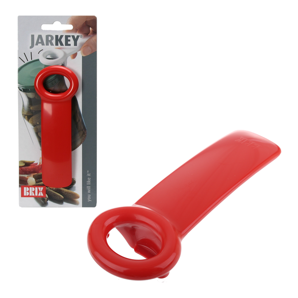 Red jar opener with packaging labeled 'Jarkey' on a white background