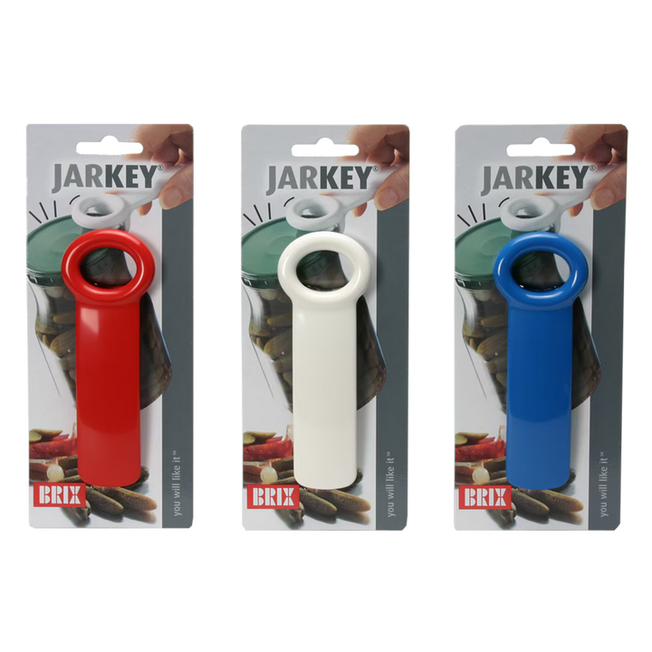 Three packages of Jarkey can openers in red, white, and blue on a white background.