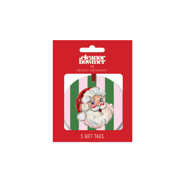 A package of five Christmas-themed gift tags featuring a vintage illustration of Santa Claus. The tags have pink and green vertical stripes with a red hanging loop, presented on a red backing card with the brand name 'Eleanor Bowner' and 'Penny Kennedy' printed at the top.