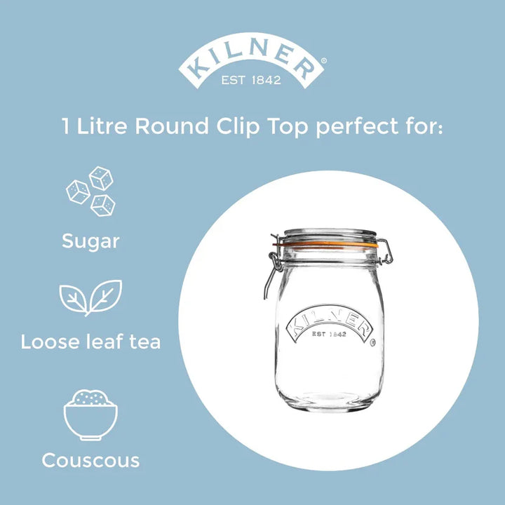Kilner jar with clip top on a blue background, showing uses for sugar, loose leaf tea, and couscous.