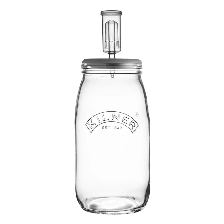 Clear glass fermentation jar on a white background, featuring the Kilner logo.