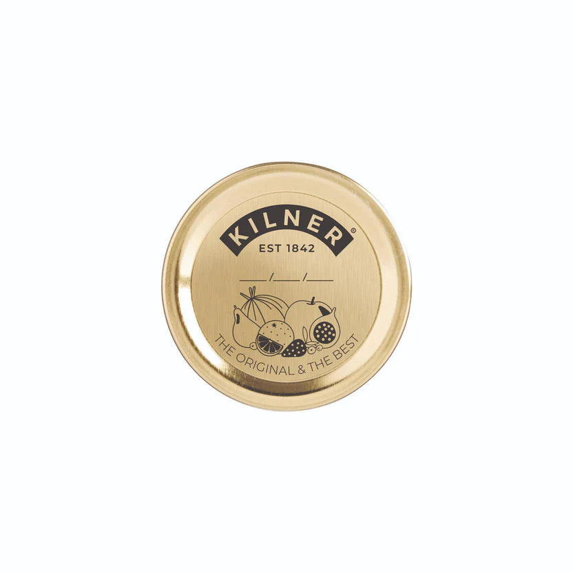 Gold lid with Kilner logo on a white background