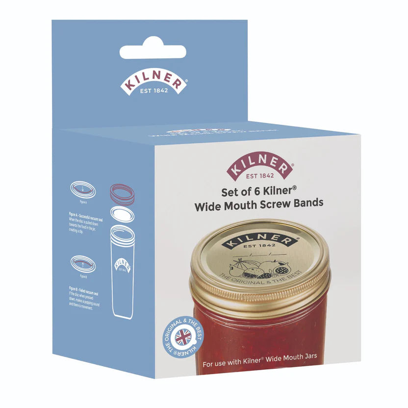 Kilner packaging for a set of 6 wide mouth screw bands on a white background
