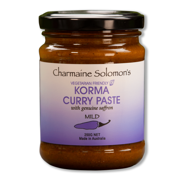 Jar of Charmaine Solomon's Korma Curry Paste with a purple label on a white background