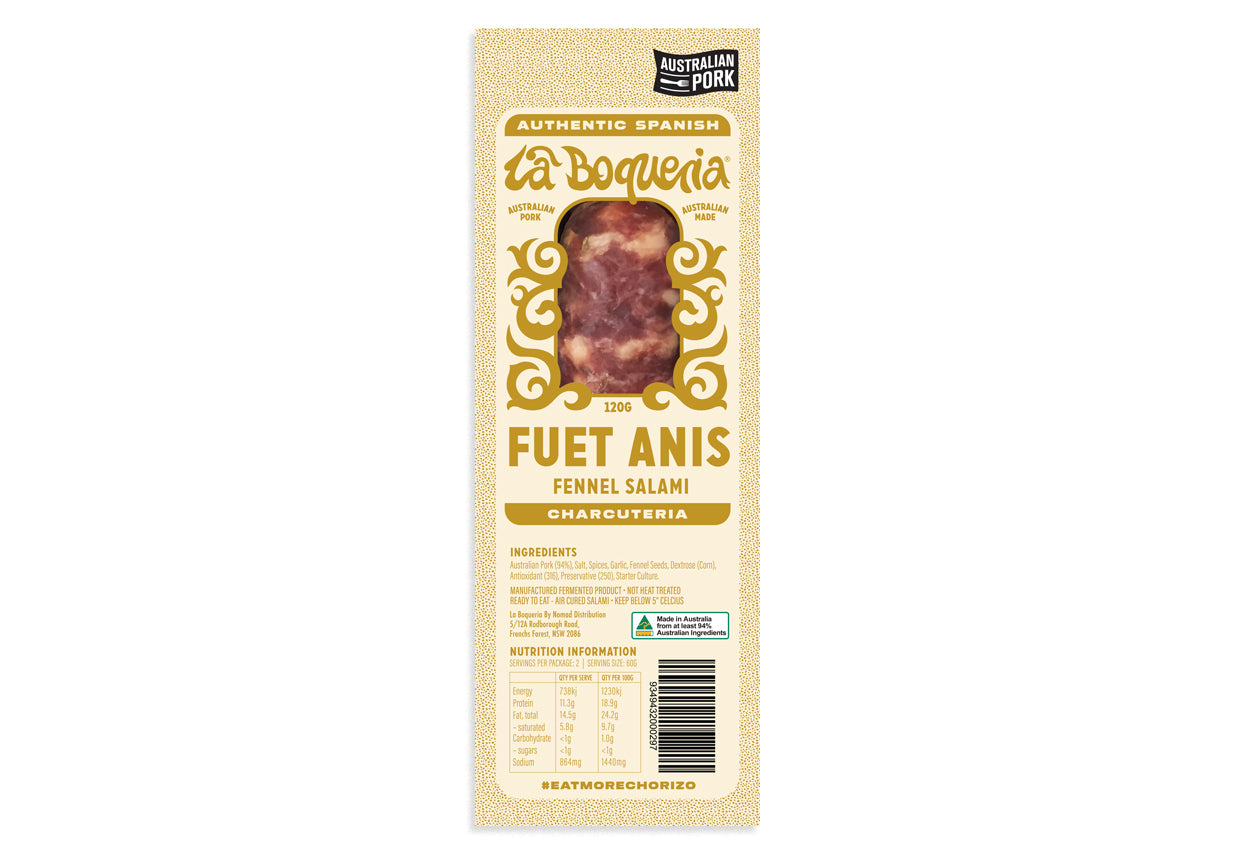 Package of Fuet Anis with branding and product details on a white background