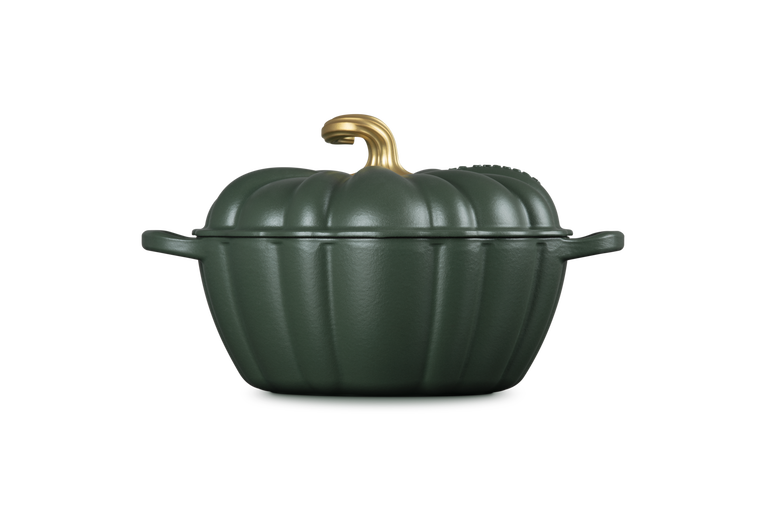 A dark green pumpkin-shaped cast iron Dutch oven with a matching lid and a gold-colored faux-stem handle, shown on a solid white background.