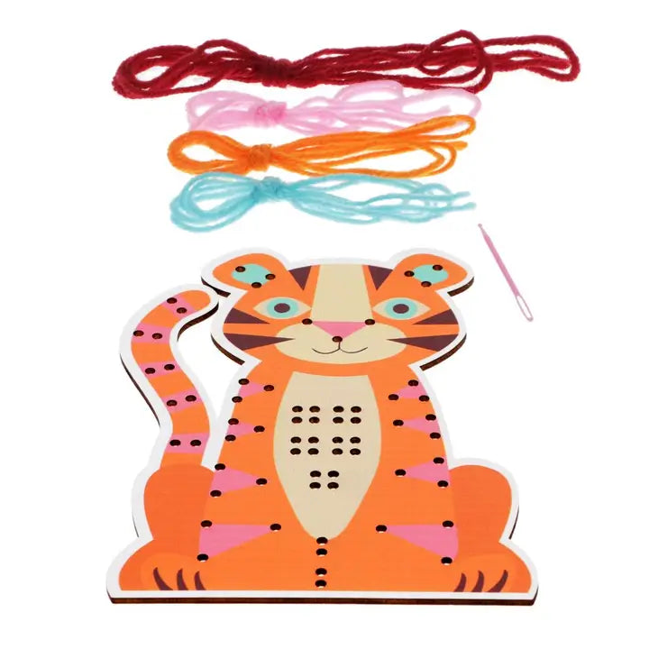 Wooden tiger-shaped bead board with colorful strings and needle on a white background