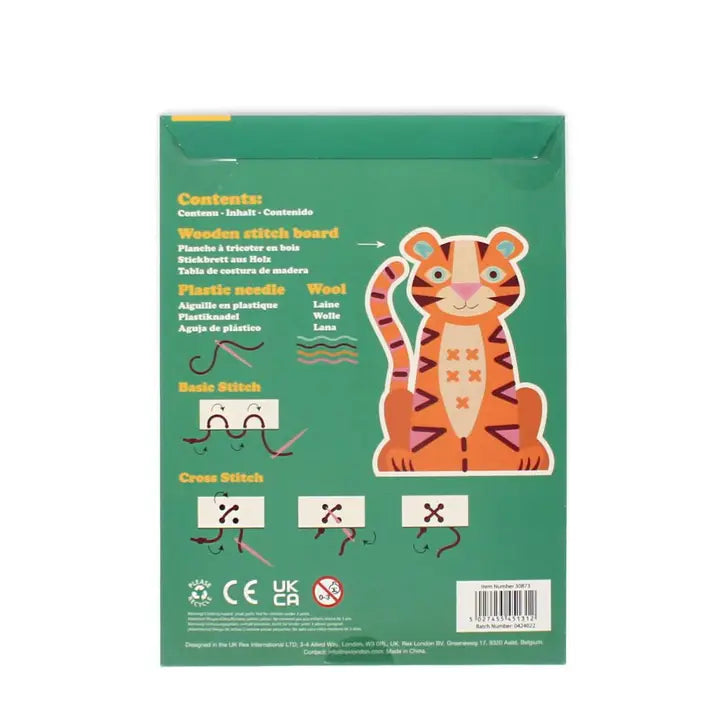 Back of a craft kit packaging with a tiger design and text on a green background