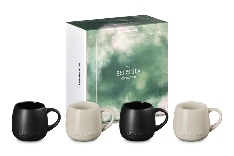 Le Creuset Set of 4 Coupe Mugs: Brioche &amp; Matte Black