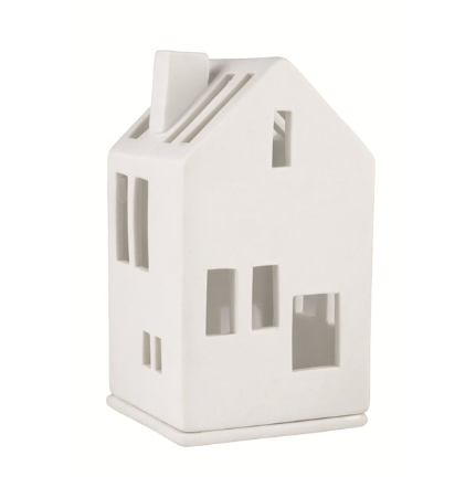 A small white ceramic house-shaped candle holder with cutout windows and a slanted roof, shown on a plain white background.