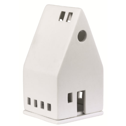 A small white house-shaped ceramic object with cutout windows and a door, photographed on a plain white background.